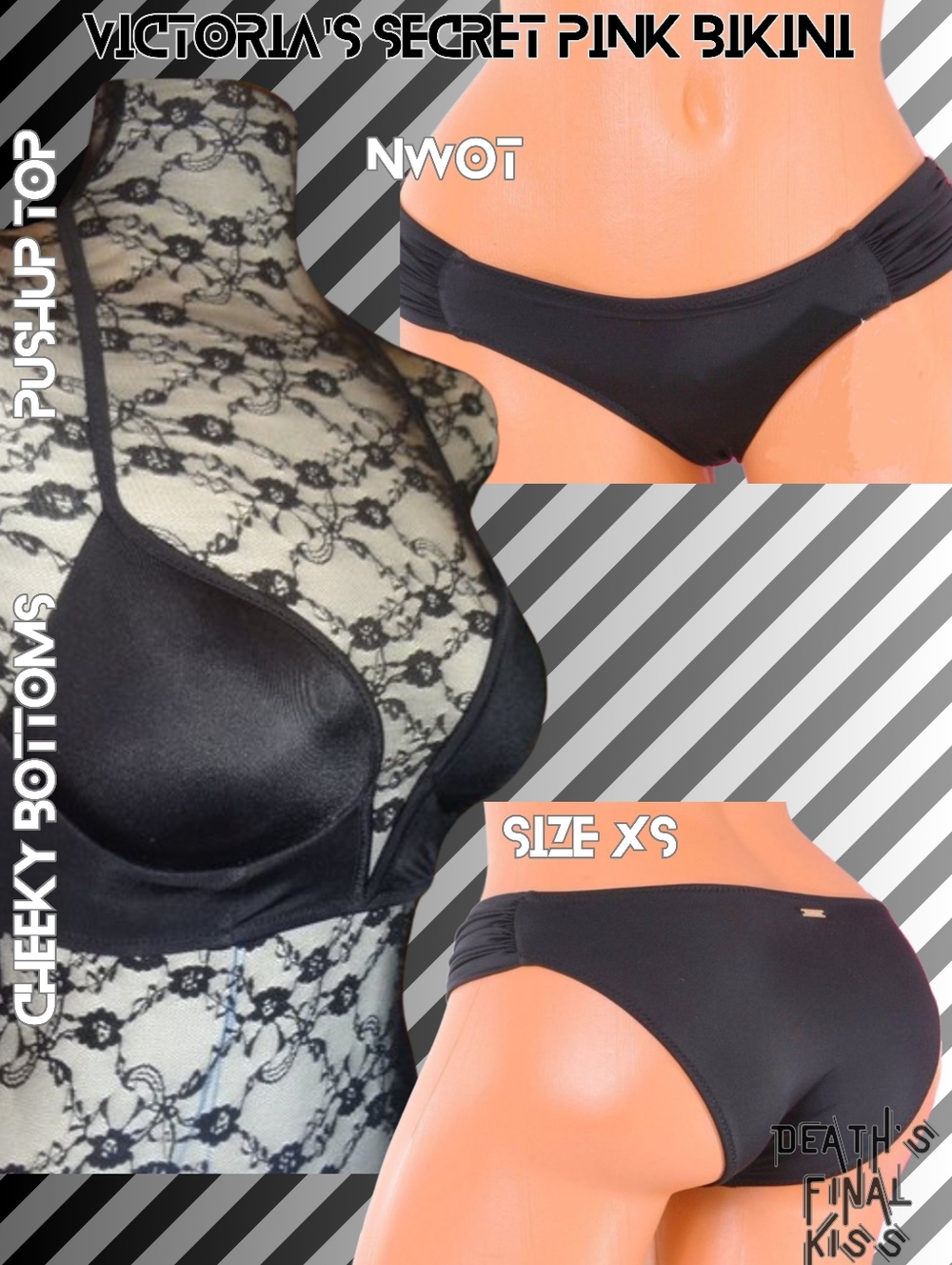 Victoria's Secret PINK Black Pushup Deep Plunge Longline Ruched Cheeky Bikini XS